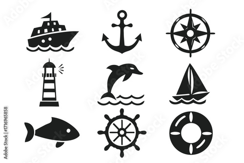 Collection of nautical vector icons featuring a ship, anchor, compass, lighthouse, dolphin, sailboat, fish, wheel, and life preserver 