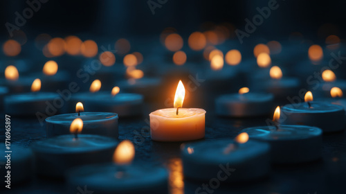 Serene scene featuring lit candle surrounded by numerous unlit candles, creating warm and peaceful atmosphere. flickering flame stands out against soft glow of surrounding candles, evoking sense