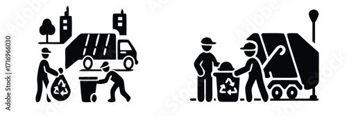 Garbage collection service icons with sanitation workers loading recycling bags and bins into a garbage truck in a city 
