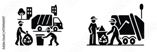 Garbage collection service icons with sanitation workers loading recycling bags and bins into a garbage truck in a city 

