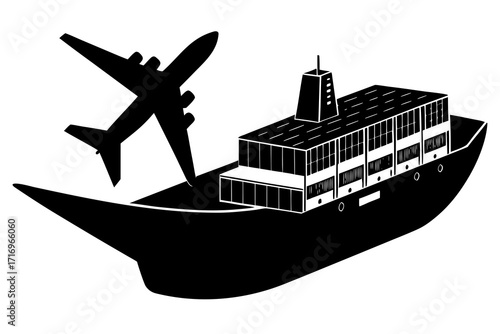 Vector art of black sillouette of a cruise ship with airplane