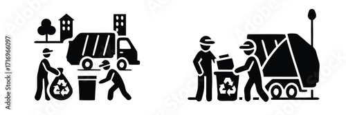 Garbage collection service icons with sanitation workers loading recycling bags and bins into a garbage truck in a city 
