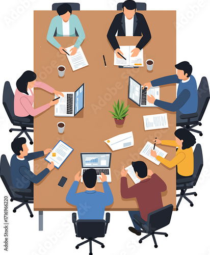 Diverse Business Team in Meeting Working on Documents and Laptops.