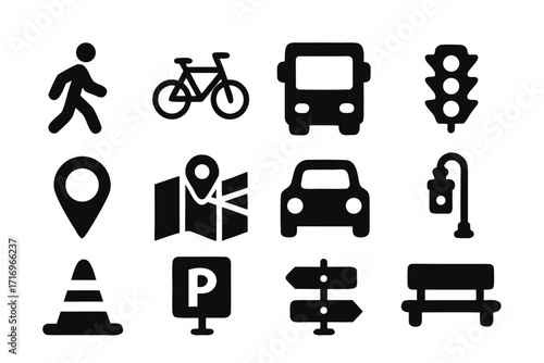 Collection of vector icons representing transportation, navigation, and urban elements for graphic design usage 

