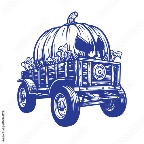 Spooky halloween pumpkin head with a farm wagon illustration in vintage linework style