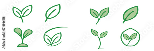 Collection of green leaf icons representing nature, growth, and sustainability concepts 
