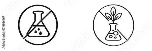 Chemical free and GMO free line icon set for natural product packaging and labels, symbols for organic food and cosmetics without preservatives or artificial additives