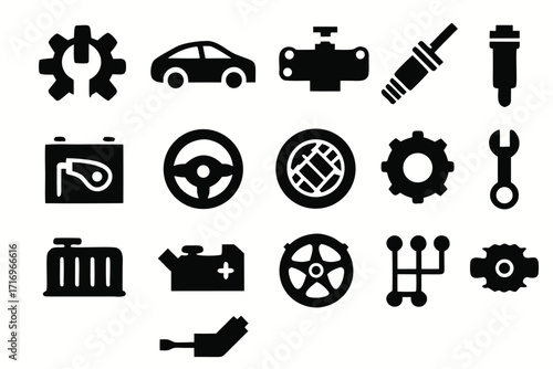 Vector illustrations of car maintenance icons depicting tools, components, and parts used in automotive care 

