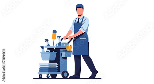 Professional cleaner with cleaning supplies cart, ready for housekeeping service