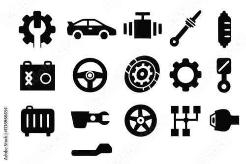 Vector illustrations of car maintenance icons depicting tools, components, and parts used in automotive care 
