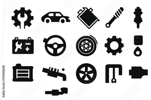 Vector illustrations of car maintenance icons depicting tools, components, and parts used in automotive care 
