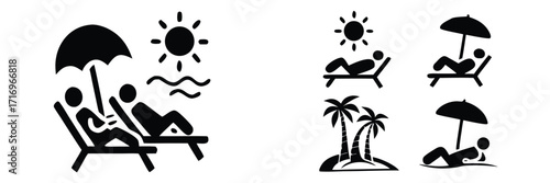 Set of beach vacation and summer relaxation icons with people sunbathing on lounge chairs under an umbrella 
