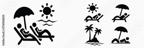 Set of beach vacation and summer relaxation icons with people sunbathing on lounge chairs under an umbrella 
