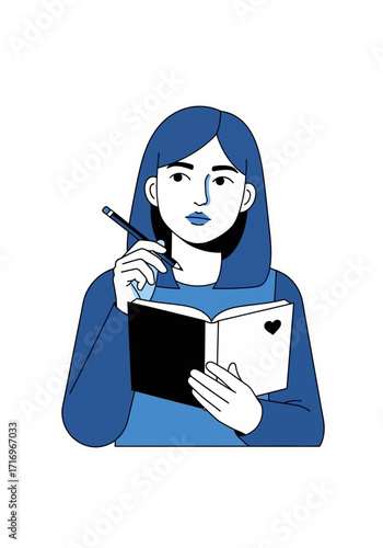 Creative Flat Vector Illustration of Woman Writing in Journal