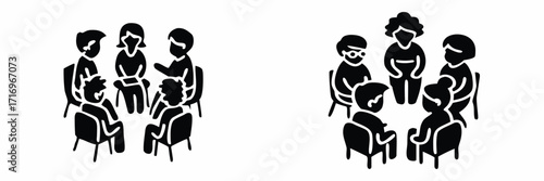 Group therapy session and support meeting icons with people sitting in a circle for discussion and counseling 
