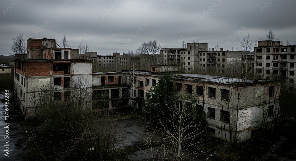 Fototapeta premium A desolate cityscape of abandoned, crumbling apartment buildings, shrouded in a somber atmosphere under a cloudy sky.