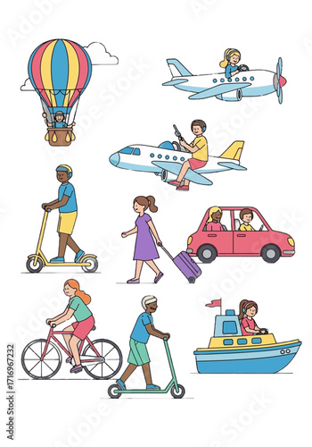 People Traveling With Different Transport Modes Flat Vector