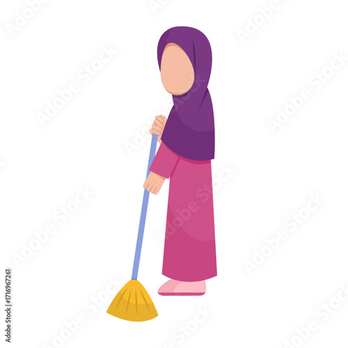 Hijab Woman Sweeping Floor Character