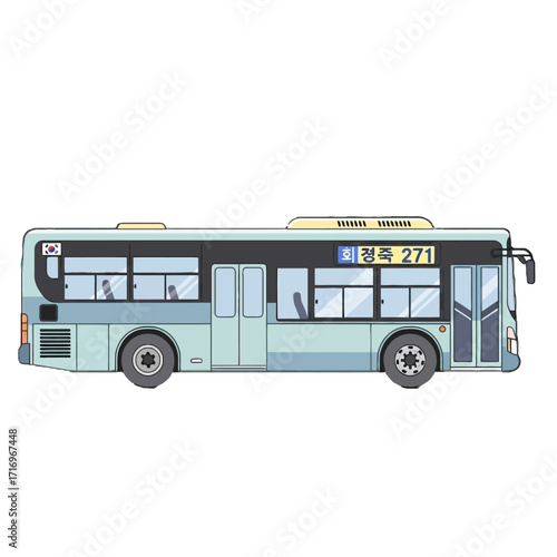 Light blue public bus with tinted windows and wheels, depicted in side view against transparent, showcasing its design and functionality for urban transportation