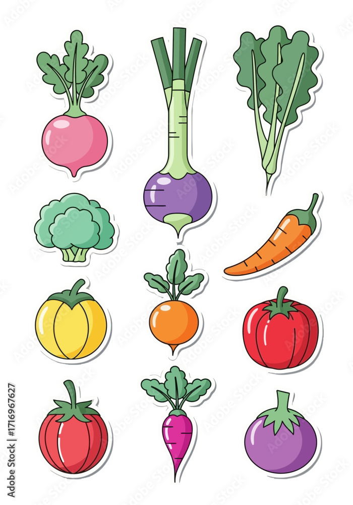 Fototapeta premium Colorful Flat Vector Vegetable Sticker Pack
