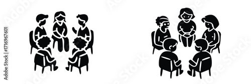 Group therapy session and support meeting icons with people sitting in a circle for discussion and counseling 
