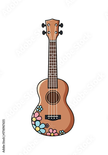 Cute Flat Vector Ukulele With Retro Floral Decoration