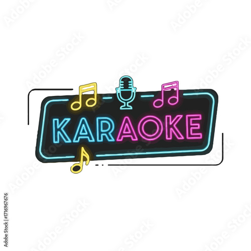Neon karaoke sign with musical notes and microphone