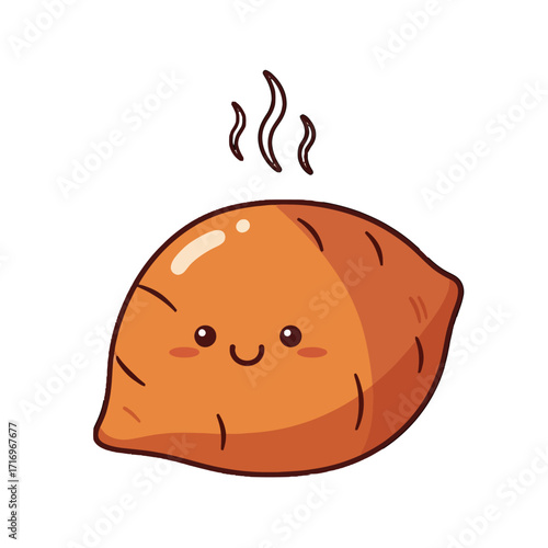 Cute kawaii baked sweet potato character with happy face and steam rising
