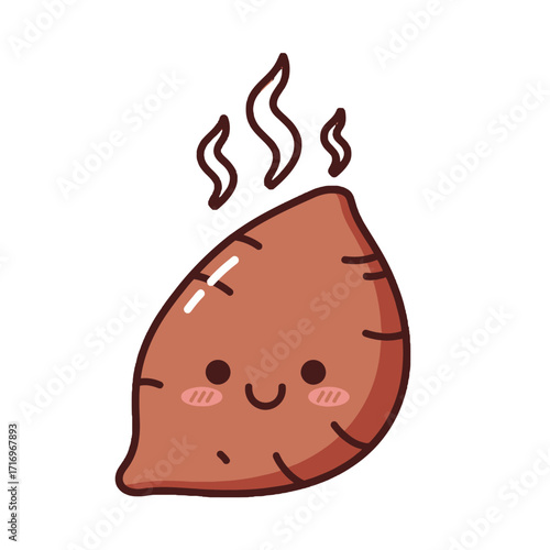 Cute kawaii sweet potato character with happy face and steam rising from it