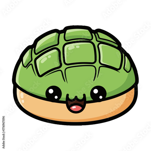 Cute green melon pan cartoon character with happy face