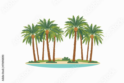 A vector illustration of a desert oasis with palm trees and a water pool, using solid colors and a white background