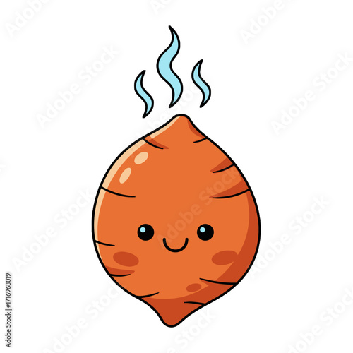Charming, kawaiistyle cartoon yam character with cheerful expression and wisps steam, symbolizing hot and appetizing root vegetable, isolated on transparent