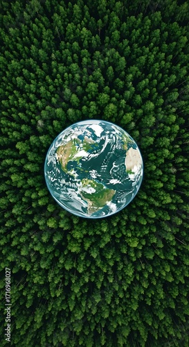 A globe positioned within a dense forest, highlighting the planet's relationship with nature's vibrant tapestry.