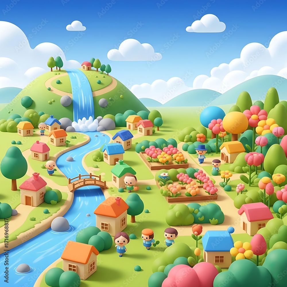 Naklejka premium Beautiful 3D Village Landscape with Rice Fields Hills and River