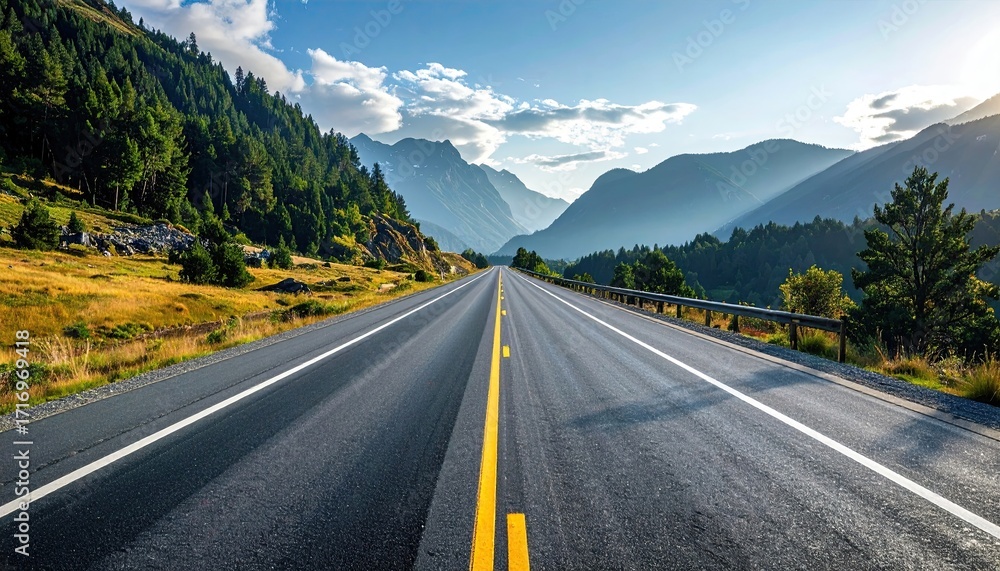 Naklejka premium Scenic Mountain Road with Asphalt and Yellow Lines Under a Bright Sky with Mist and Trees Perspective View