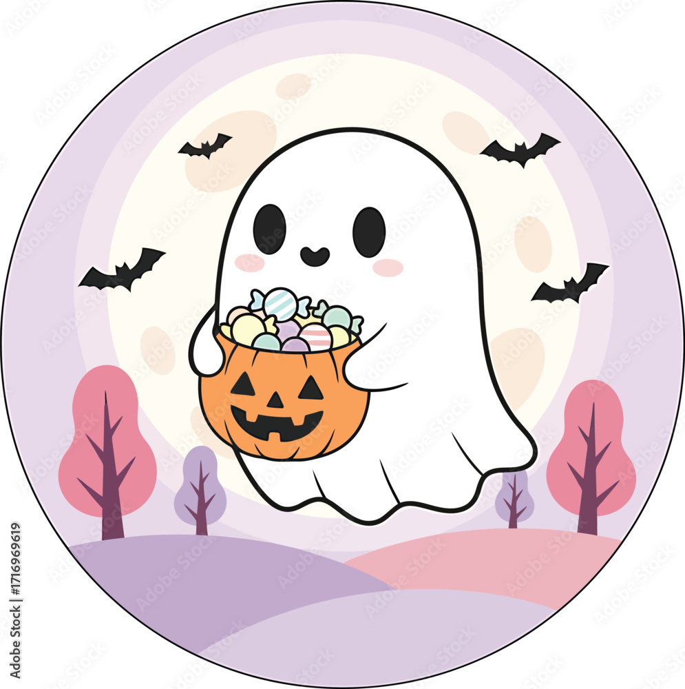 Obraz premium Halloween Vector Illustration – Spooky Pumpkin, Ghost, Witch, Haunted House, Skeleton, Black Cat, Flat Cartoon Design