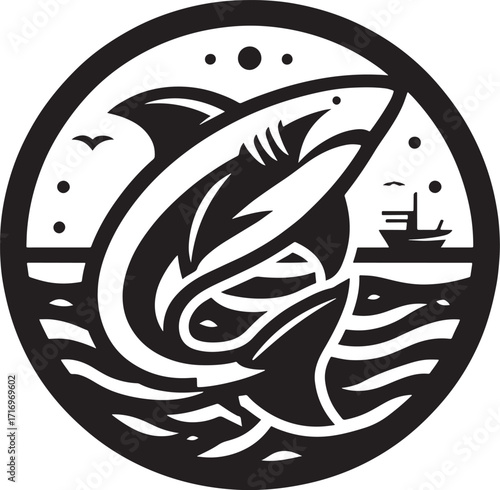 Illustration of a shark in a circle with a fishing boat in the background