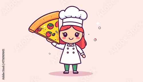 Adorable cartoon chef holds a giant pizza slice, kawaii style, pink background.