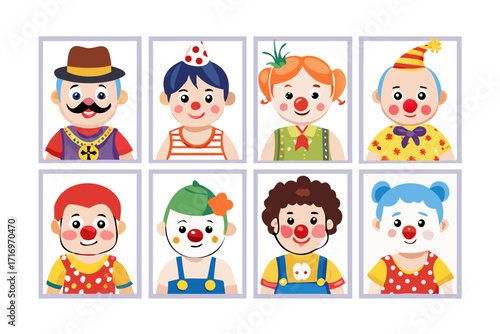 Group of eight distinct cartoon clowns with varied outfits and accessories