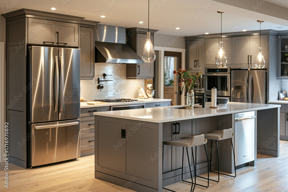 Fototapeta premium Modern Kitchen Interior Featuring Sleek Stainless Steel Appliances