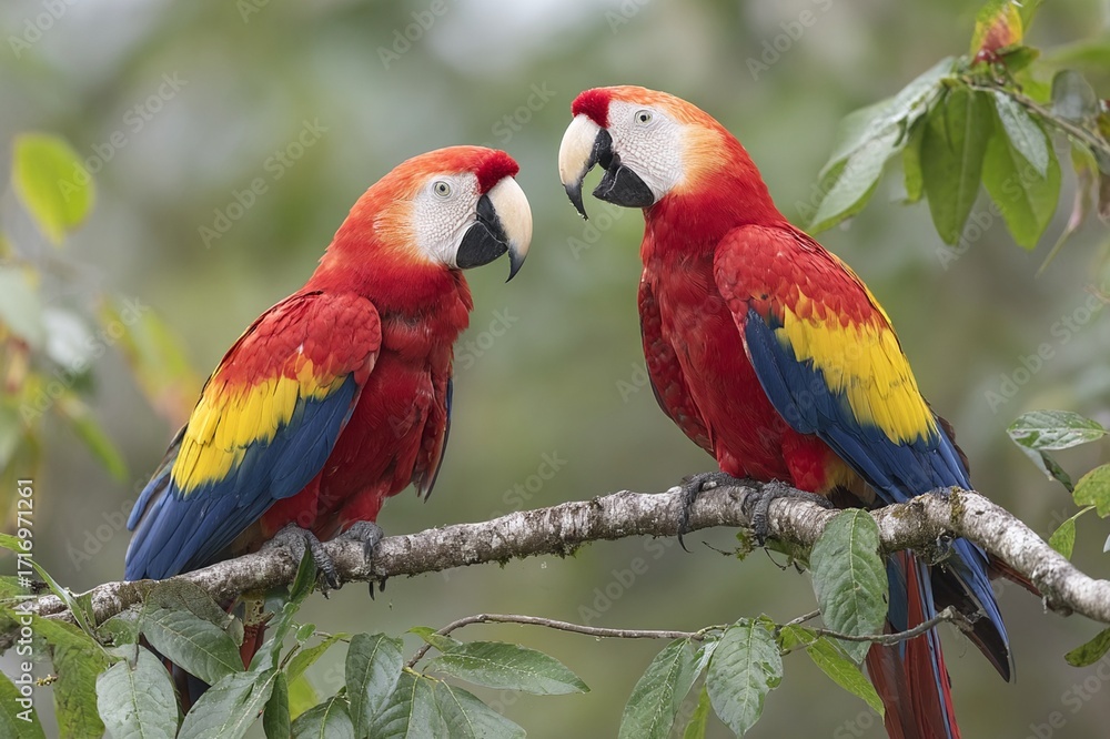 Obraz premium Pair of scarlet macaws perched on rainforest branch
