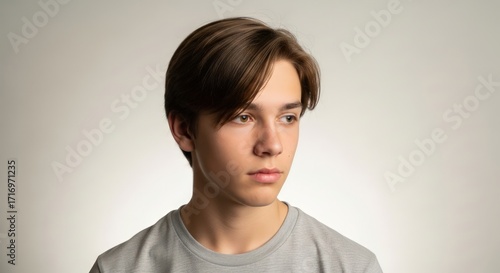 Portrait of a young man looking sideways with a neutral expression against a plain background.
