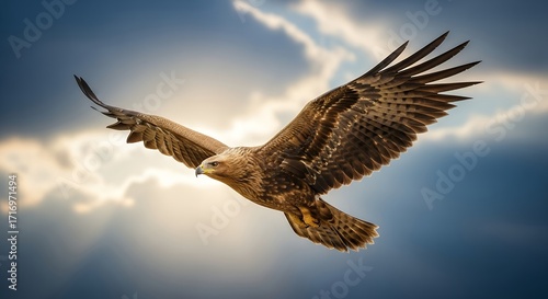 Majestic Brown Eagle Soaring in Bright Sky with Sunlight and Clouds
