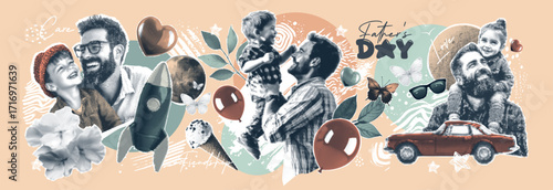 Banner on Father's Day. Newspaper collage for greetings, postcards or posters. Beautiful holiday template.