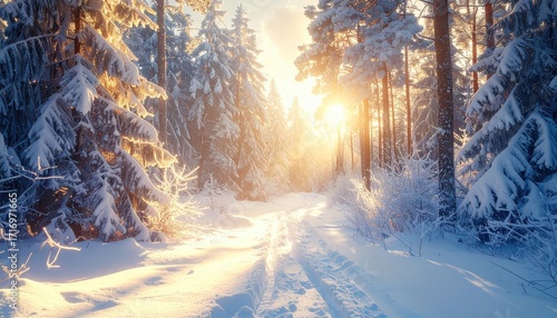 Sunlit Winter Forest Scene with Snow Covered Trees and Bright Sunlight Streaming Through the Branches Nature Photography