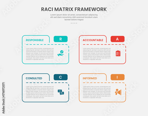 RACI matrix framework infographic outline style with box table folder shape 4 point template with for slide presentation