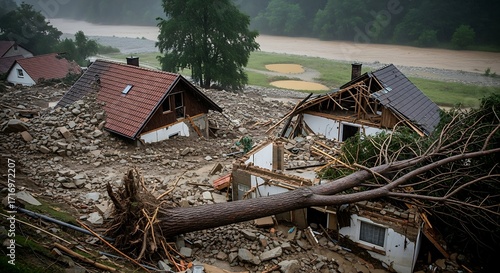 Damaged homes and debris from a devastating flood, with uprooted trees, overwhelm the landscape.