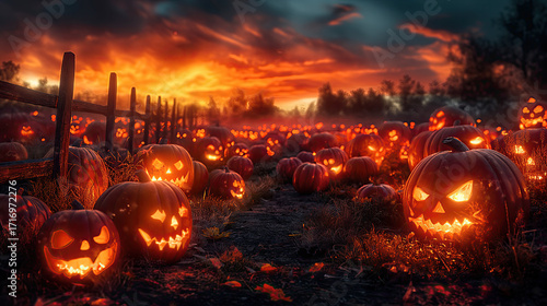 Field of Glowing Jack-o'-Lanterns at Sunset