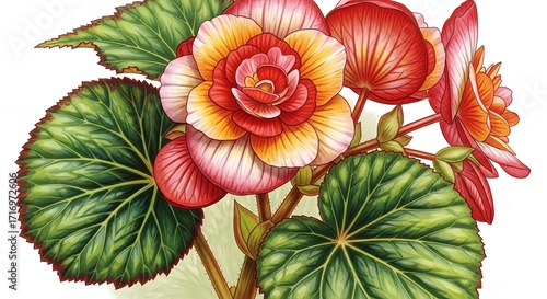 Colorful Begonia Flower with Detailed Green Leaves on White Background
