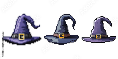 Three detailed pixel art witch hats with a golden buckle in a spooky retro fantasy style